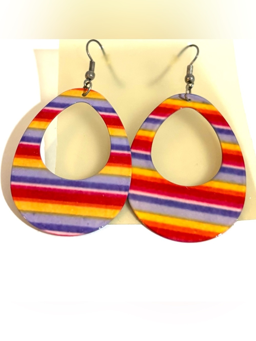Fashion Jewelry Striped Teardrop Earrings - Purple, Red & Yellow